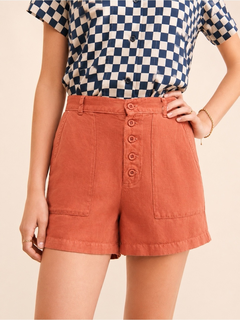 NWT Anthro Cloth & Stone Rust Linen Blend High-Waist Button-Front Shorts XS